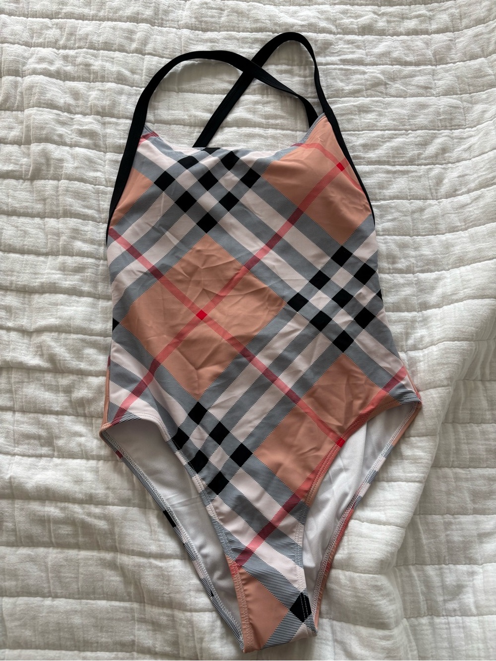 Burberry Peach, Black & Gray Plaid Swim One-Piece